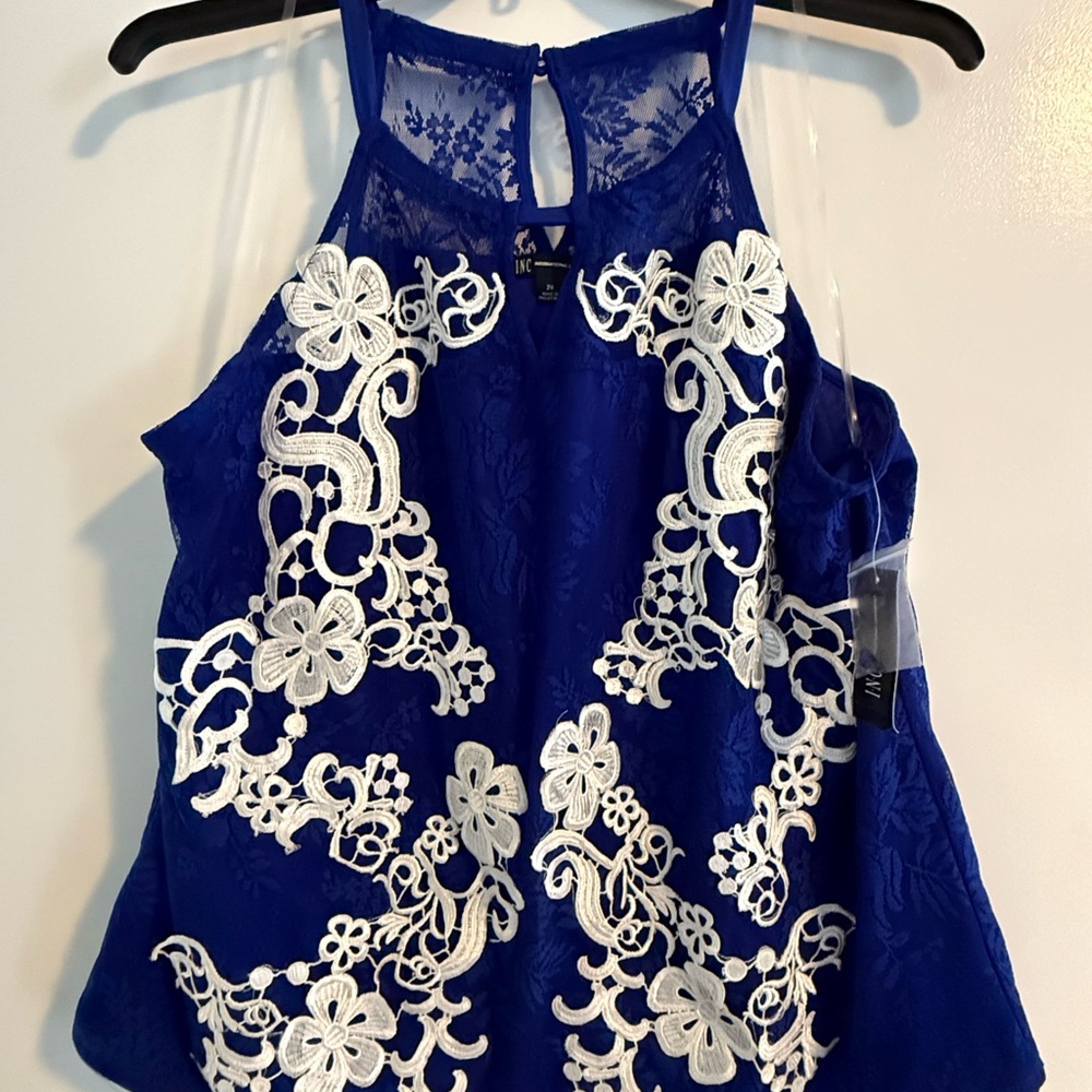 Elegant Blue Lace Halter Top with White Floral Design- Macys Inc. brand